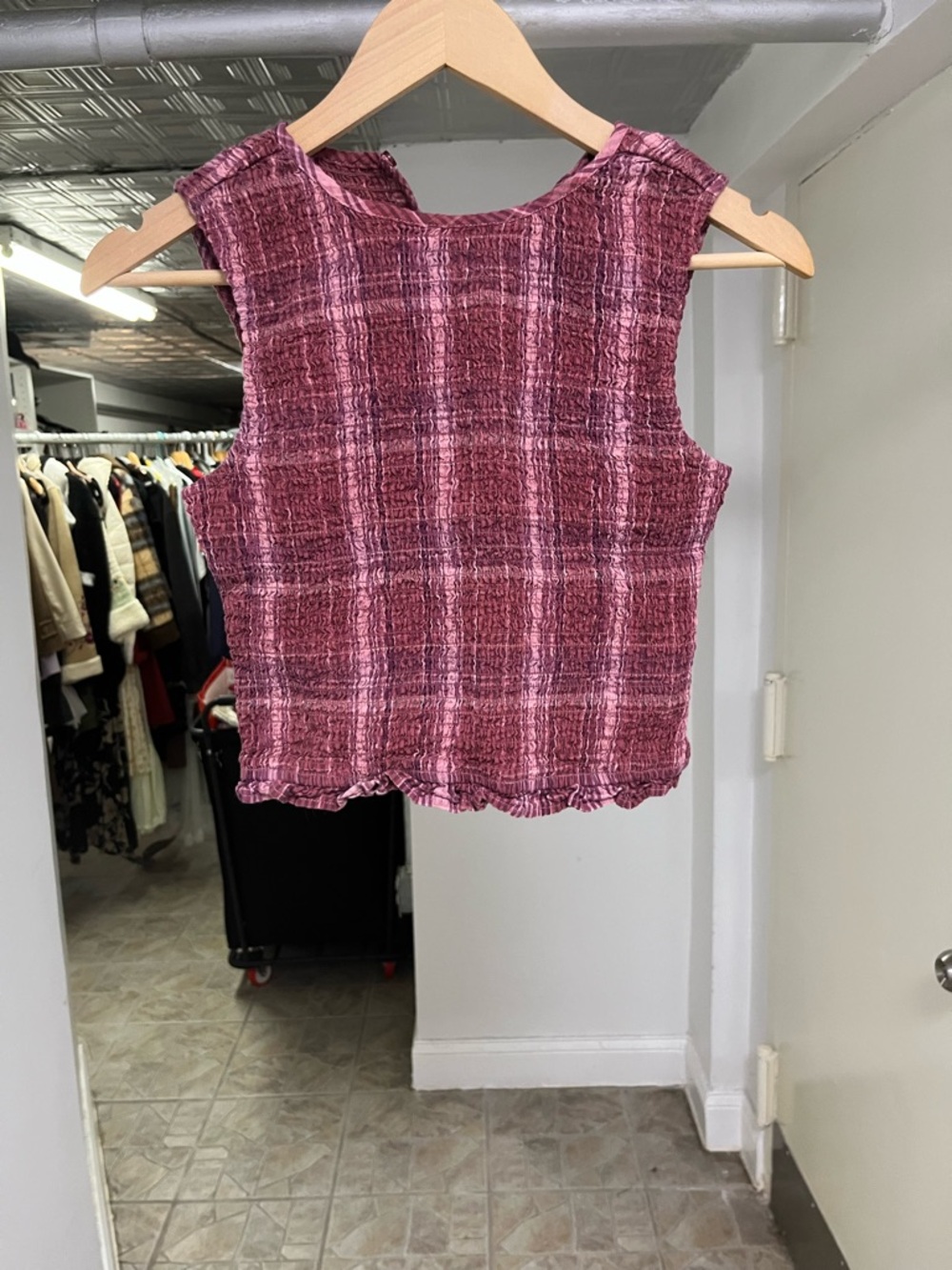 Disturbia Sleeveless Crinkle Crop Top in Berry Pink